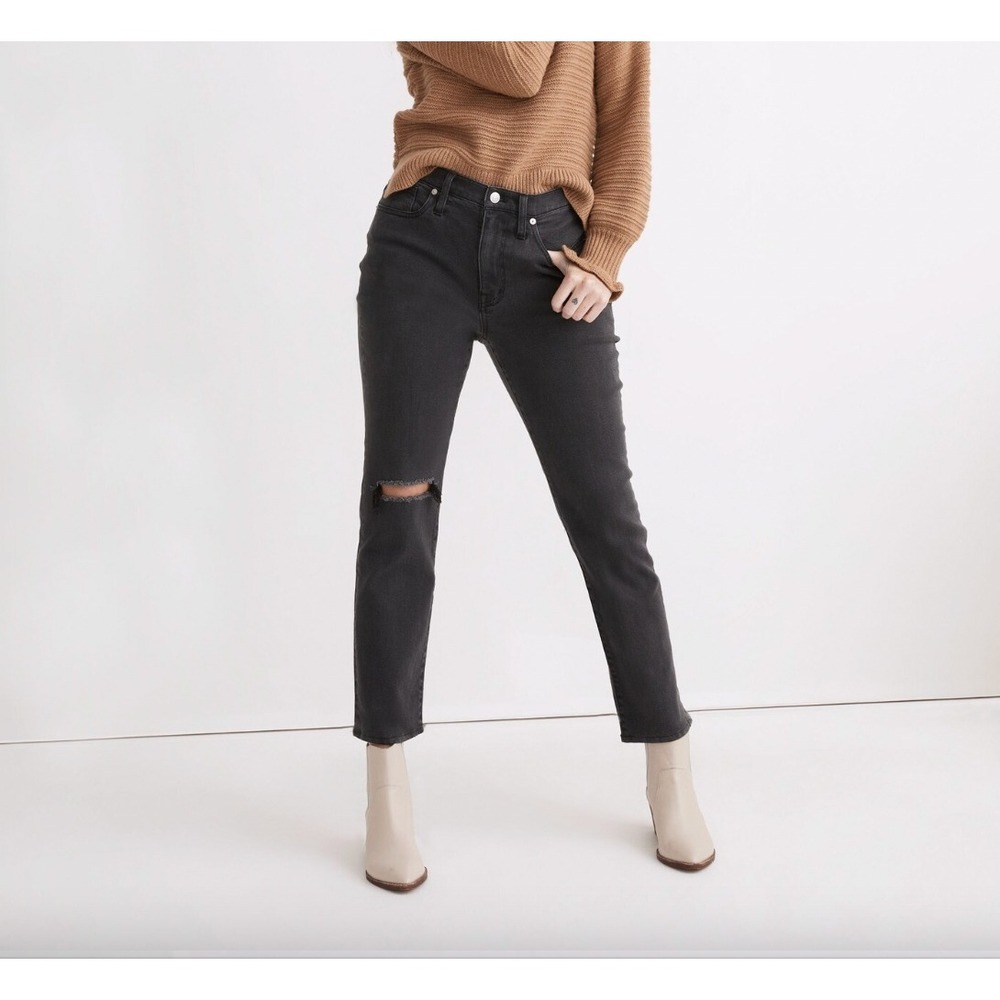 Madewell The Girljean High Rise Distressed Black Wash Denim Jeans Womens Size 29